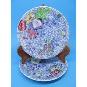 Spode Wild flower Set Of 2 Blue  7" Saucer Plates For Footed Cream Soup Bowls
